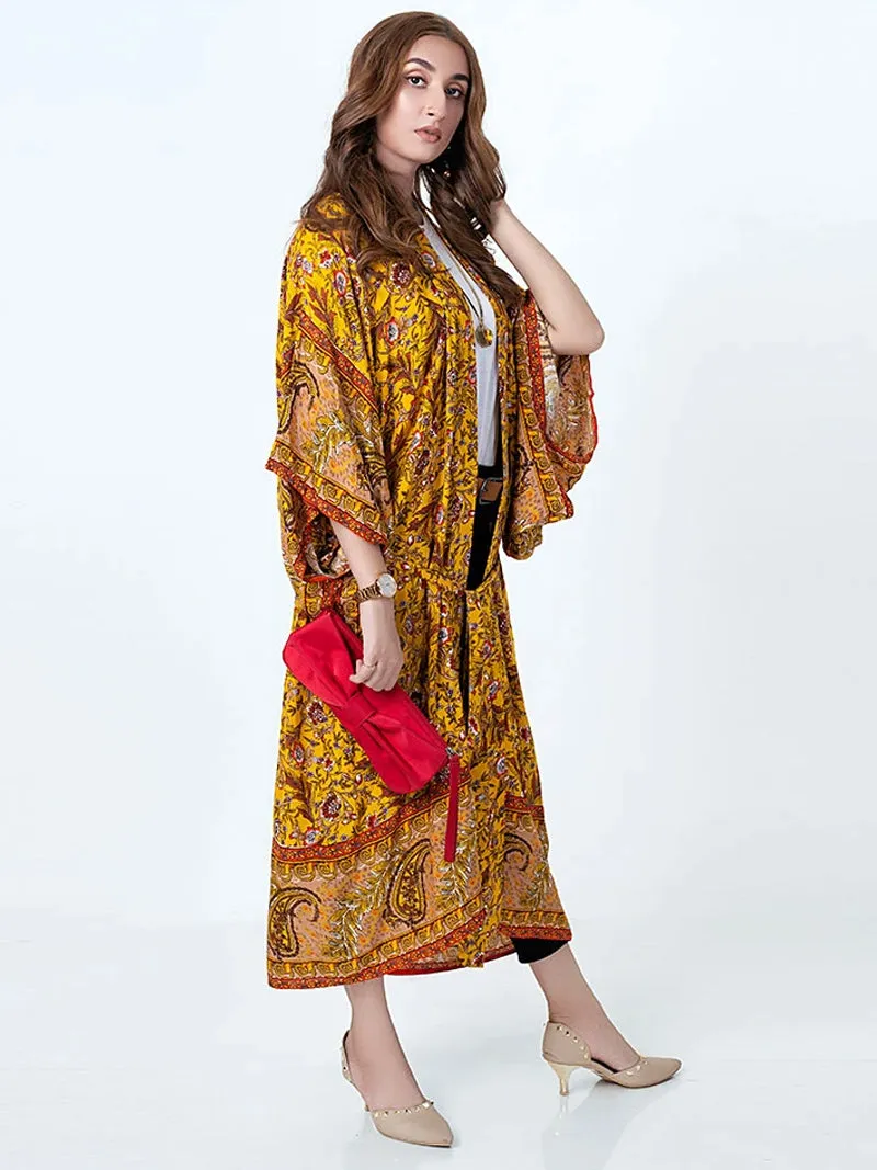 Bridal Party Wear Floral Print Yellow Cotton Long Kimono Dressing Gown