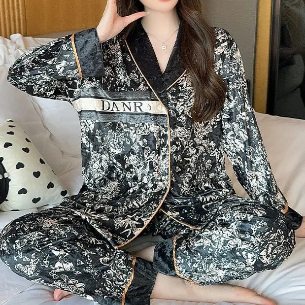 Button Light Luxury Lapel Velvet Pajamas Set