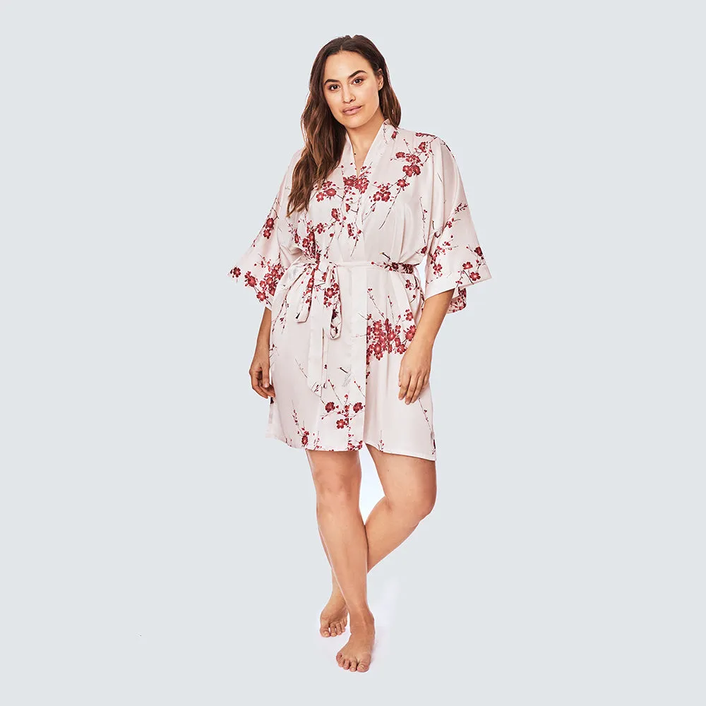 Cherry Blossom & Crane Short Kimono Robe (Plus Size)