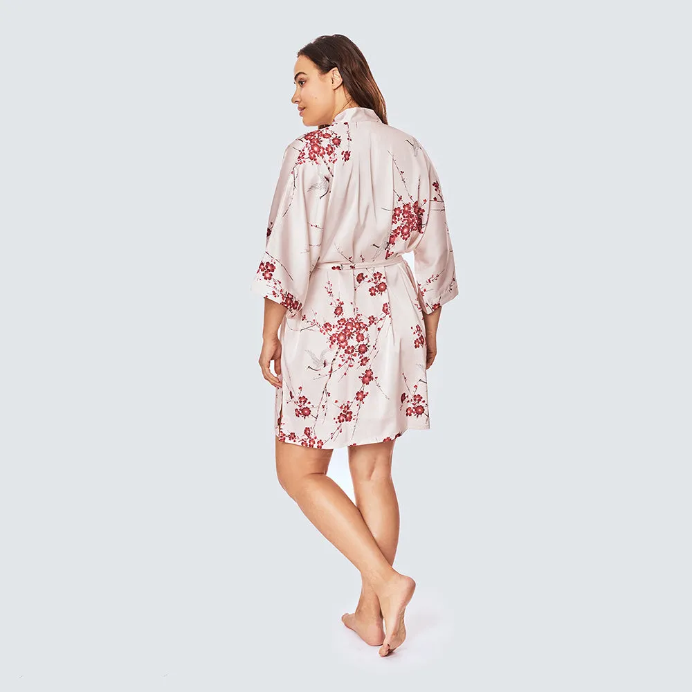 Cherry Blossom & Crane Short Kimono Robe (Plus Size)