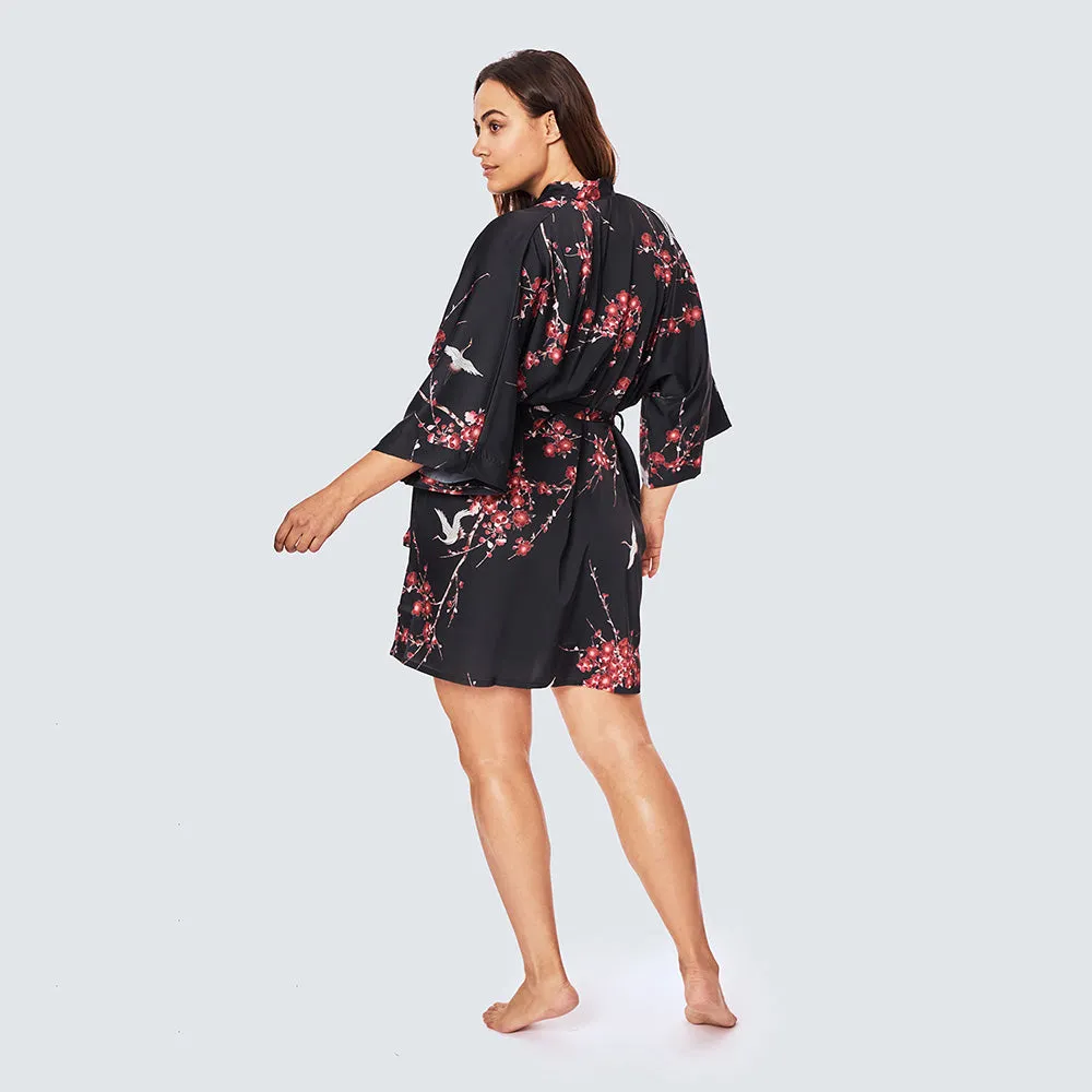 Cherry Blossom & Crane Short Kimono Robe (Plus Size)