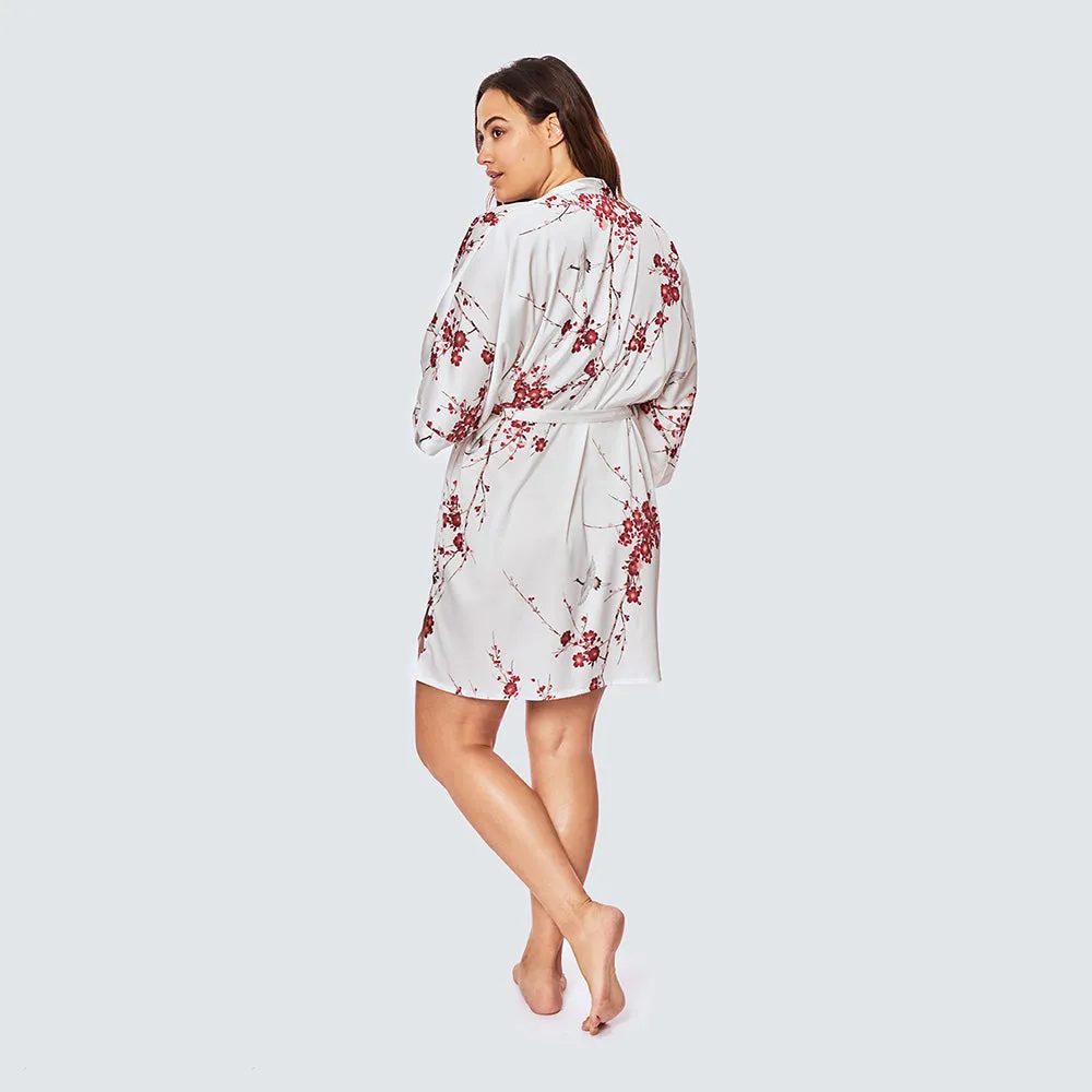 Cherry Blossom & Crane Short Kimono Robe (Plus Size)