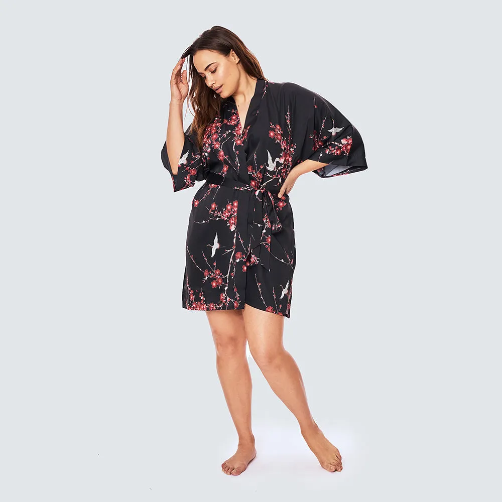 Cherry Blossom & Crane Short Kimono Robe (Plus Size)