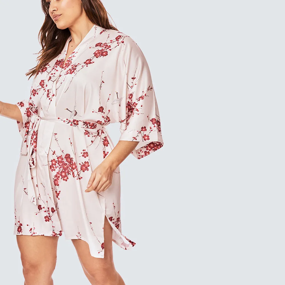 Cherry Blossom & Crane Short Kimono Robe (Plus Size)