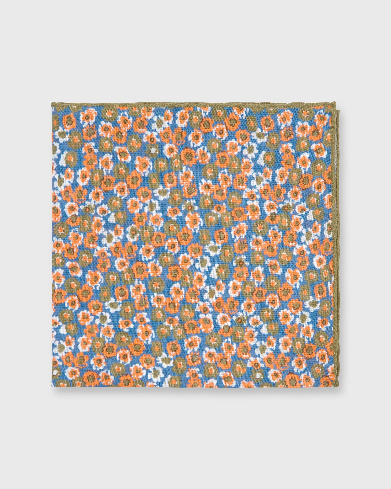 Cotton/Linen Print Pocket Square in Blue/Olive/Orange Floral