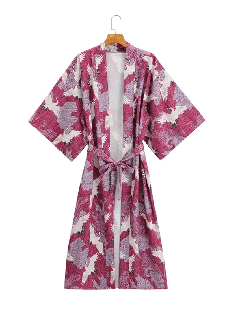 Crane Print With Birds Different Color Polyester Long Length Gown Kimono Duster Robe