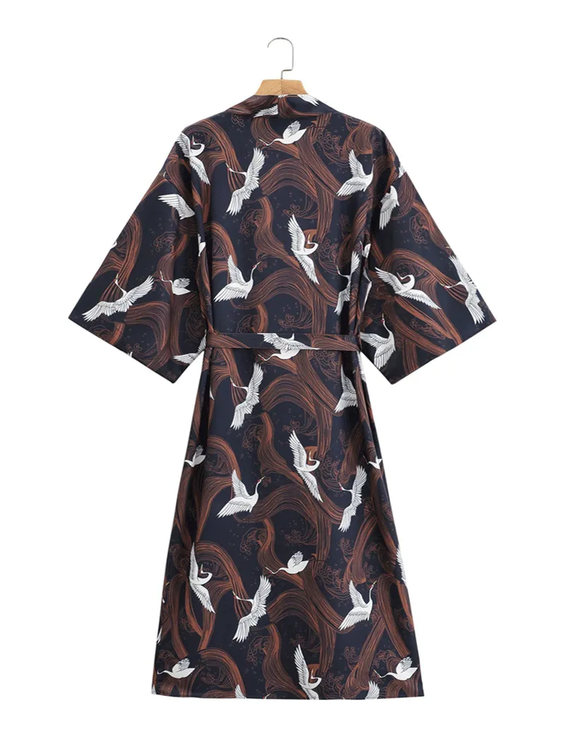 Crane Print With Birds Different Color Polyester Long Length Gown Kimono Duster Robe