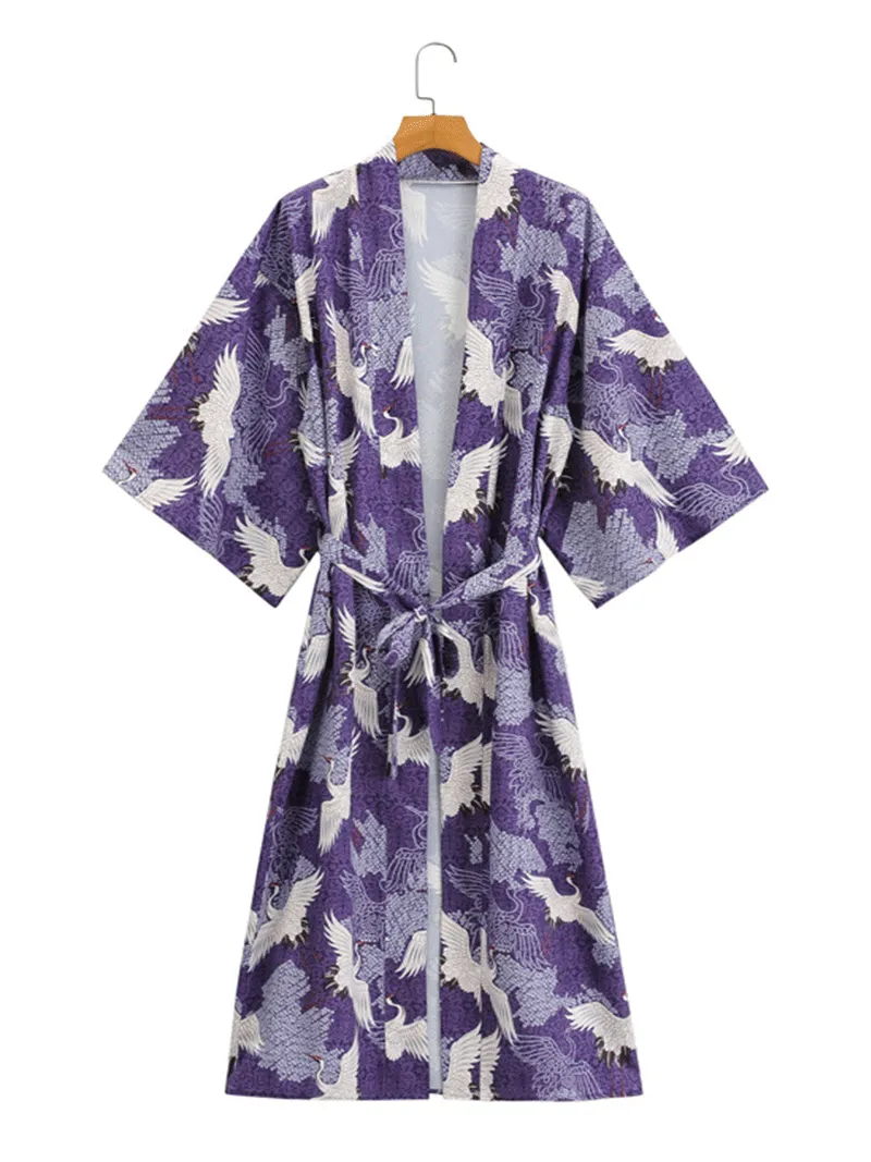 Crane Print With Birds Different Color Polyester Long Length Gown Kimono Duster Robe