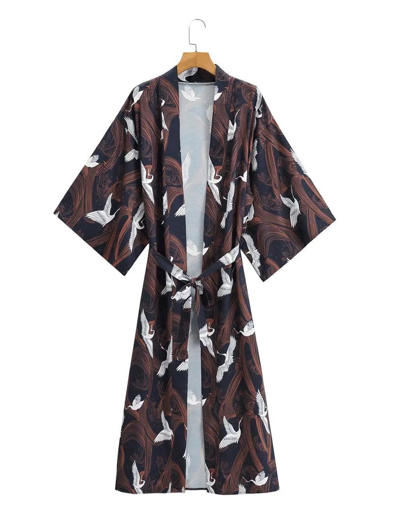 Crane Print With Birds Different Color Polyester Long Length Gown Kimono Duster Robe