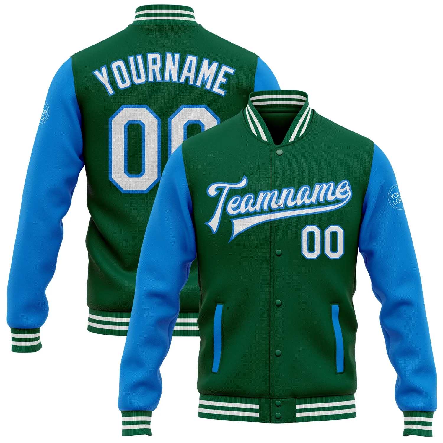 Custom Kelly Green White-Powder Blue Bomber Full-Snap Varsity Letterman Two Tone Jacket