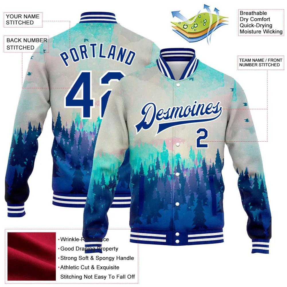 Custom Royal White Daylight Forest 3D Pattern Design Bomber Full-Snap Varsity Letterman Jacket