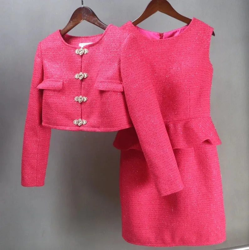 Custom Tailored Women Tweed Ruffle Dress Hot Pink