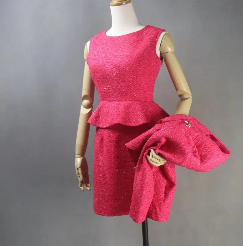 Custom Tailored Women Tweed Ruffle Dress Hot Pink