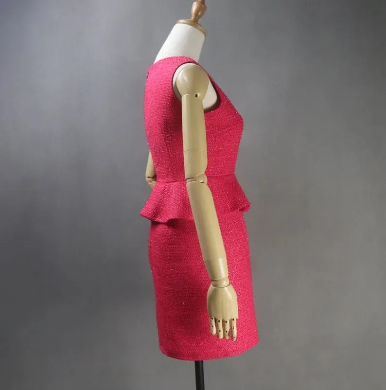 Custom Tailored Women Tweed Ruffle Dress Hot Pink