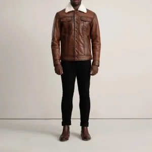 Dallis Brown Leather Shearling Trucker Jacket