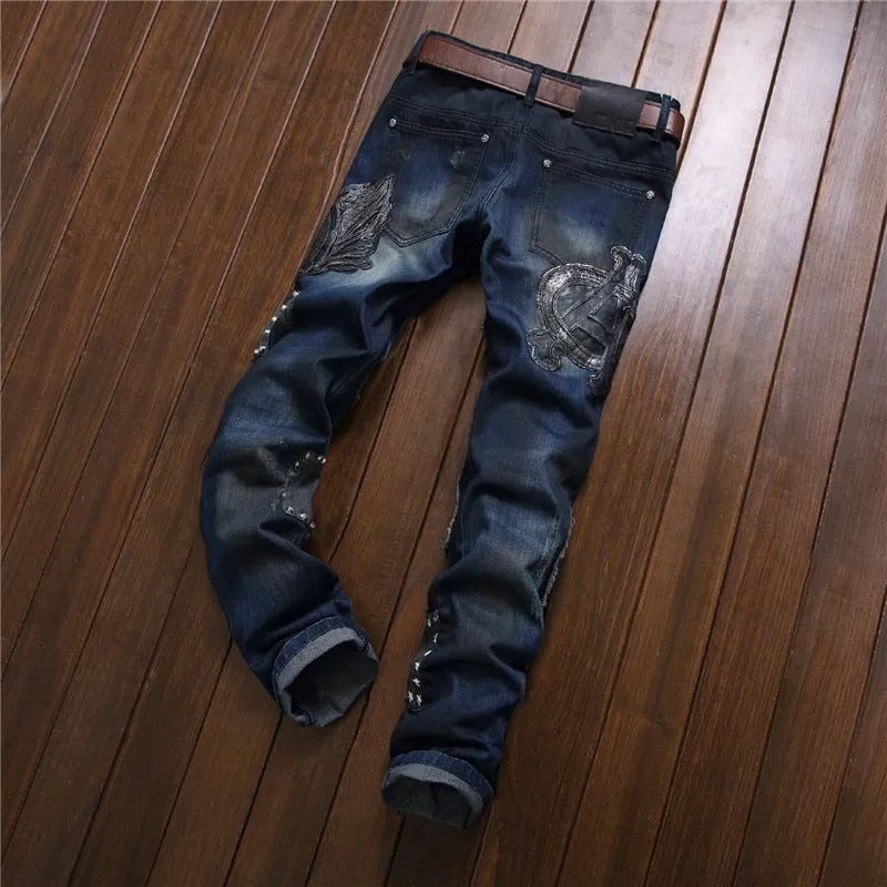 Dark Blue Embroidery Patchwork with Rivets Men Jeans