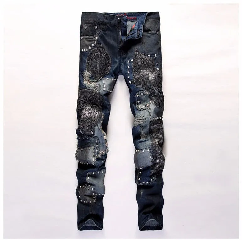 Dark Blue Embroidery Patchwork with Rivets Men Jeans