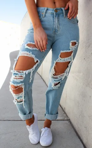 Destruction Denim Jeans - Light Blue