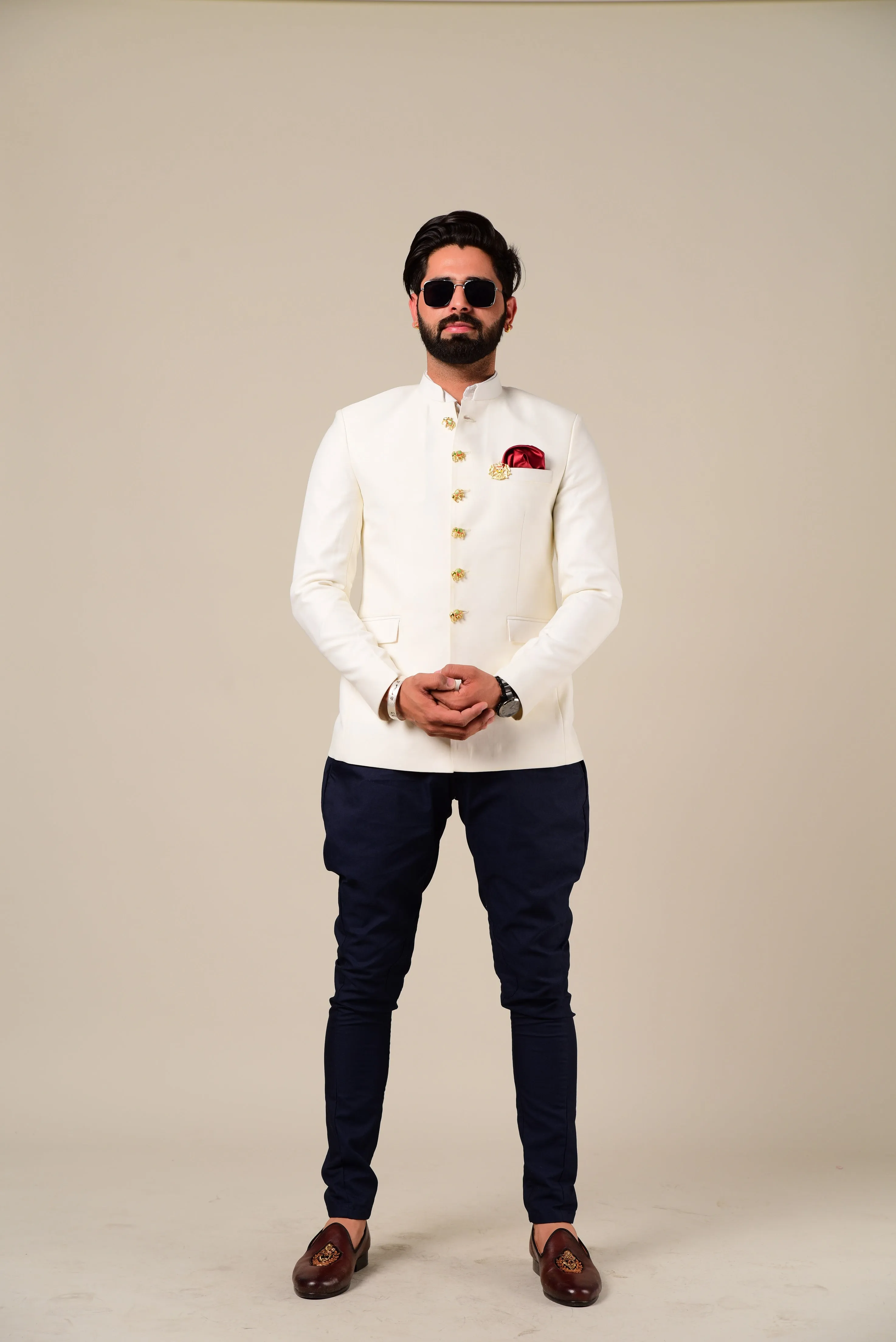 Exclusive White Jodhpuri Bandhgala with Elephant Buttons| Black Trouser | Partywear for Grooms and Friends | Handcrafted Vintage Buttons