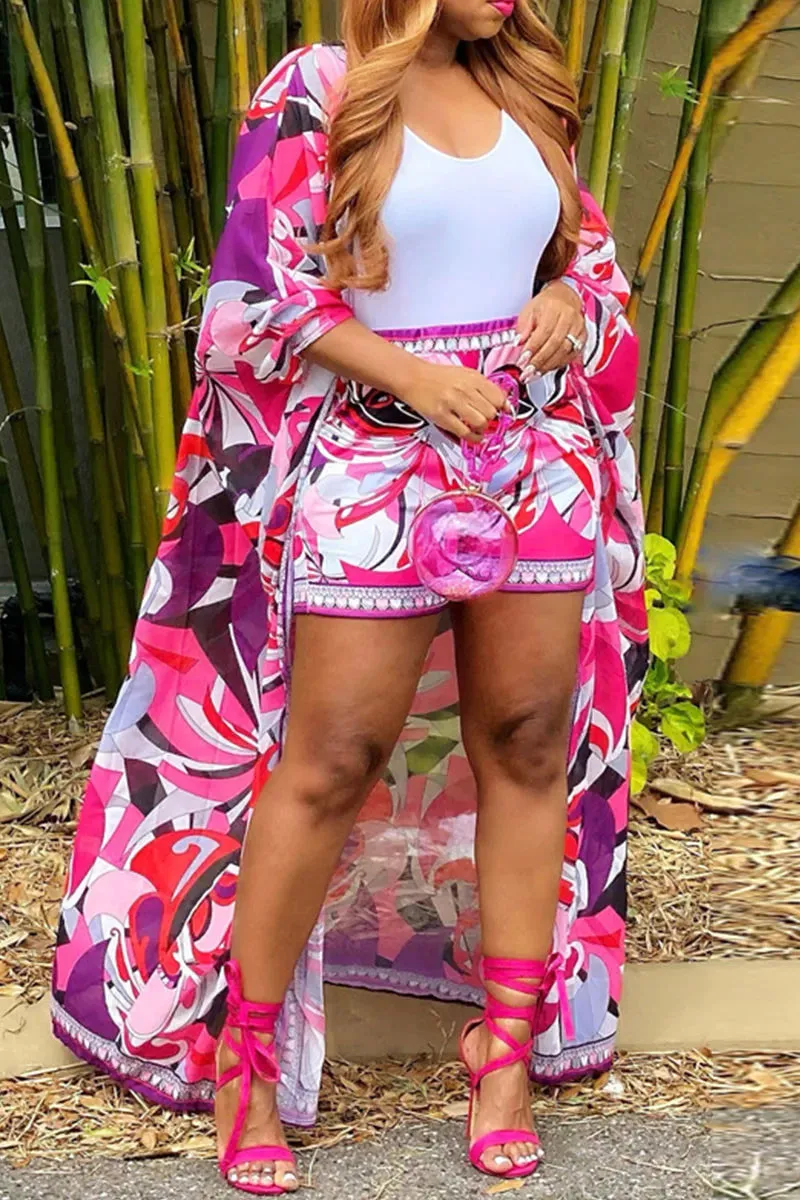 Exotic Pink Abstract Print 2 Piece Kimono & Short Set