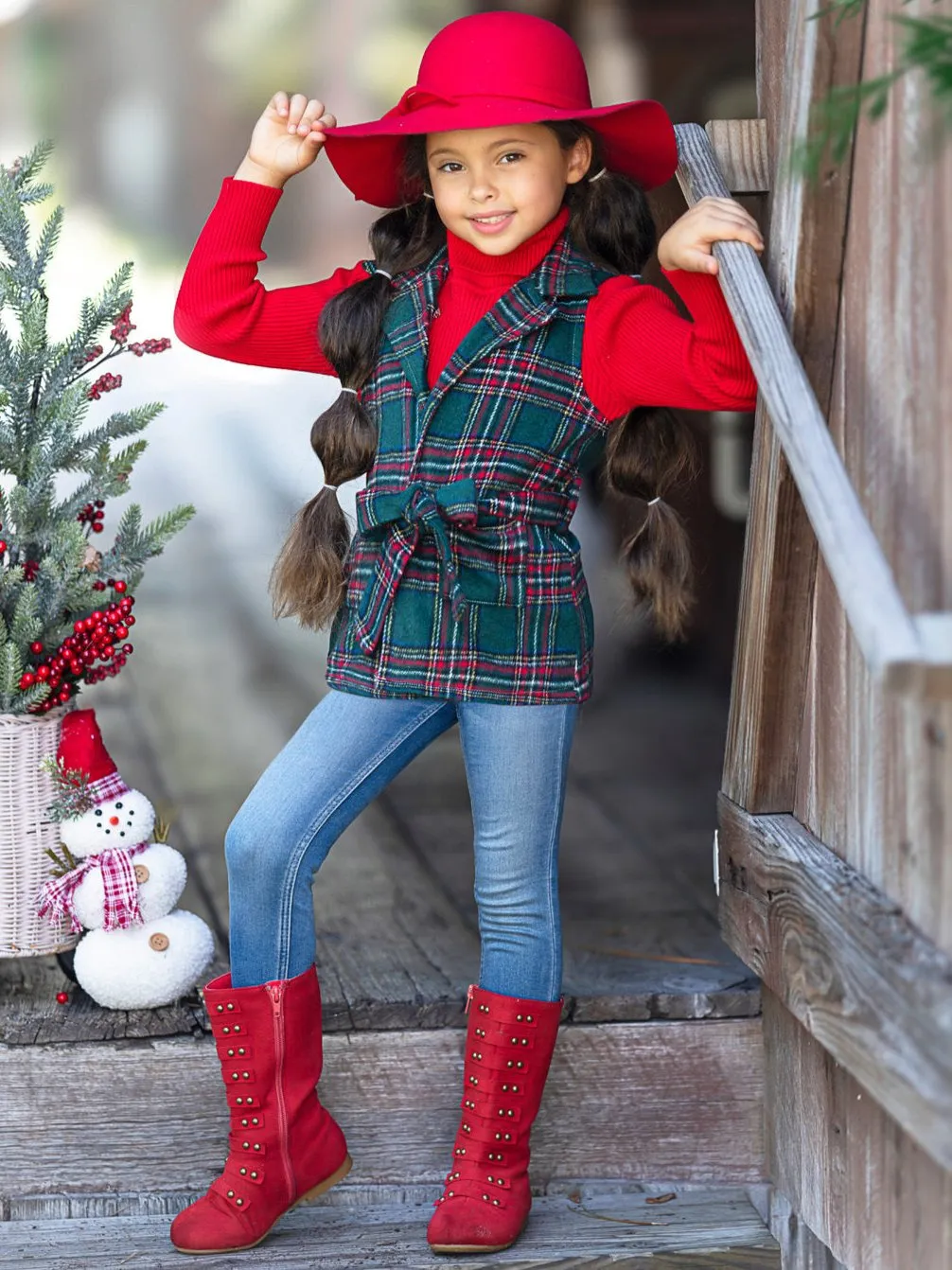 Festive Flair Plaid Belted Vest and Red Turtleneck Top Set