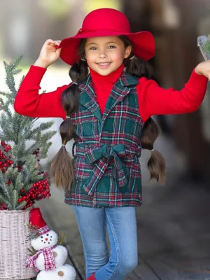 Festive Flair Plaid Belted Vest and Red Turtleneck Top Set