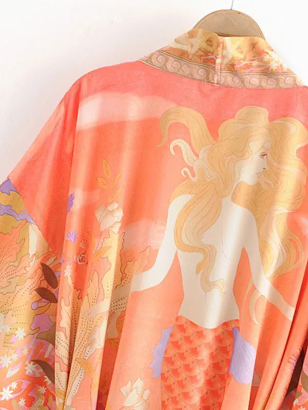 Floral Partywear Cotton Silk Kimono Orange Color Cotton Long Length Gown Robe Kimono