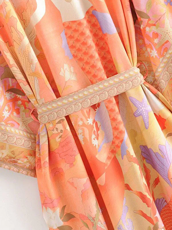 Floral Partywear Cotton Silk Kimono Orange Color Cotton Long Length Gown Robe Kimono