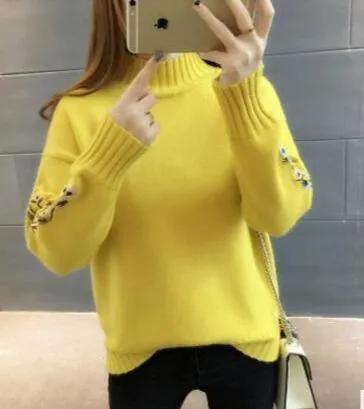 Floral Sleeves Turtleneck Women's Sweater