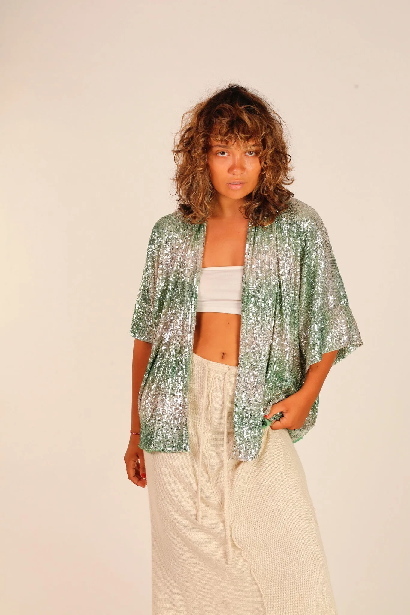 GREEN SEQUIN SHORT KIMONO LUKA