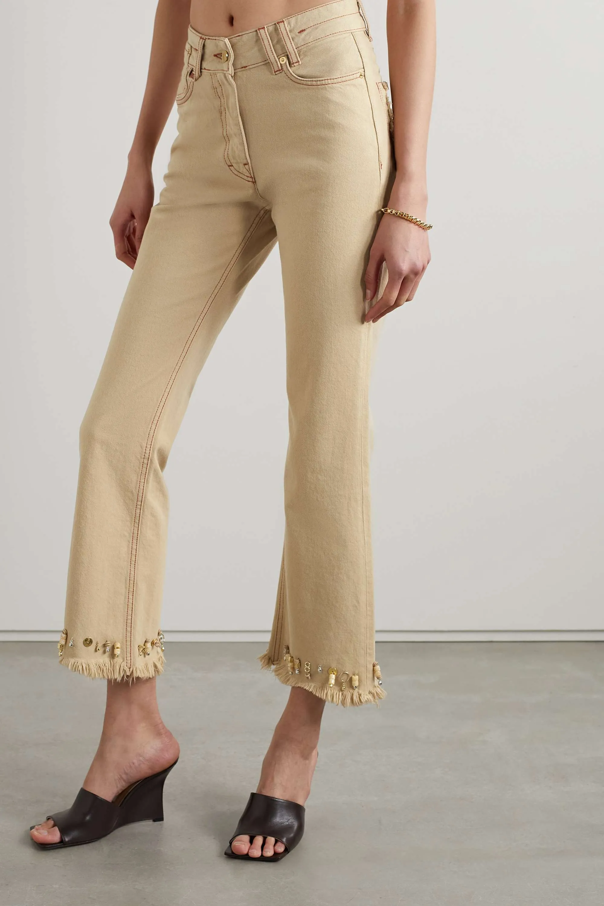 JACQUEMUS Straight fit cropped jeans with fringe and embellishment, beige