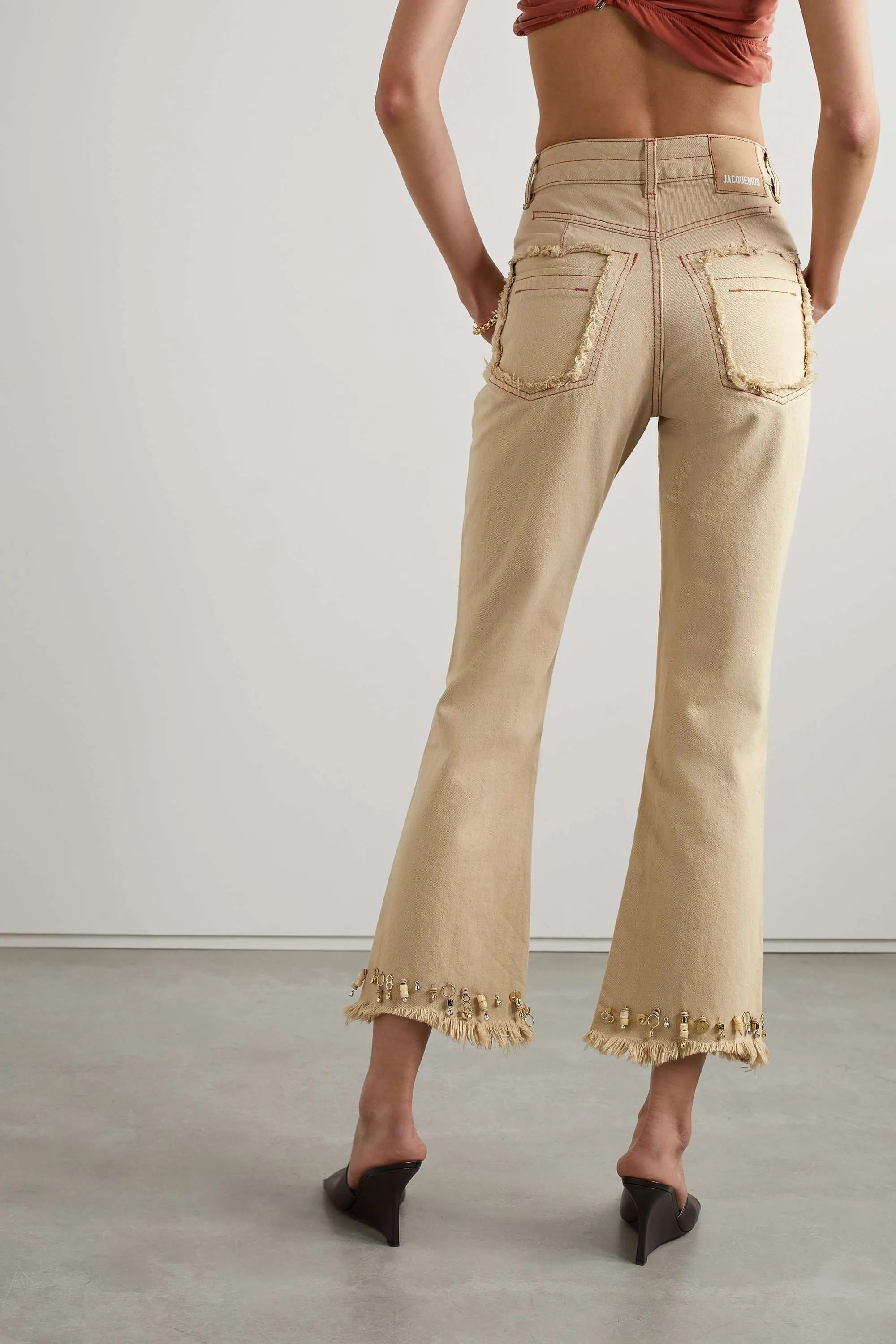 JACQUEMUS Straight fit cropped jeans with fringe and embellishment, beige