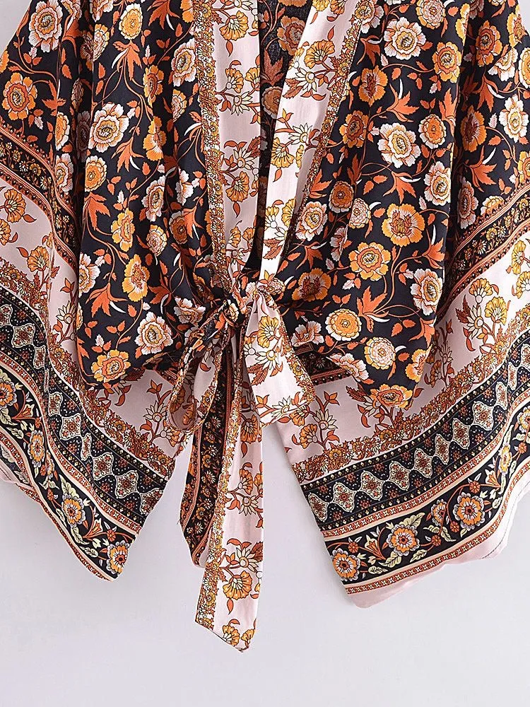 Kimono Tie Top Black-Brown Flowers