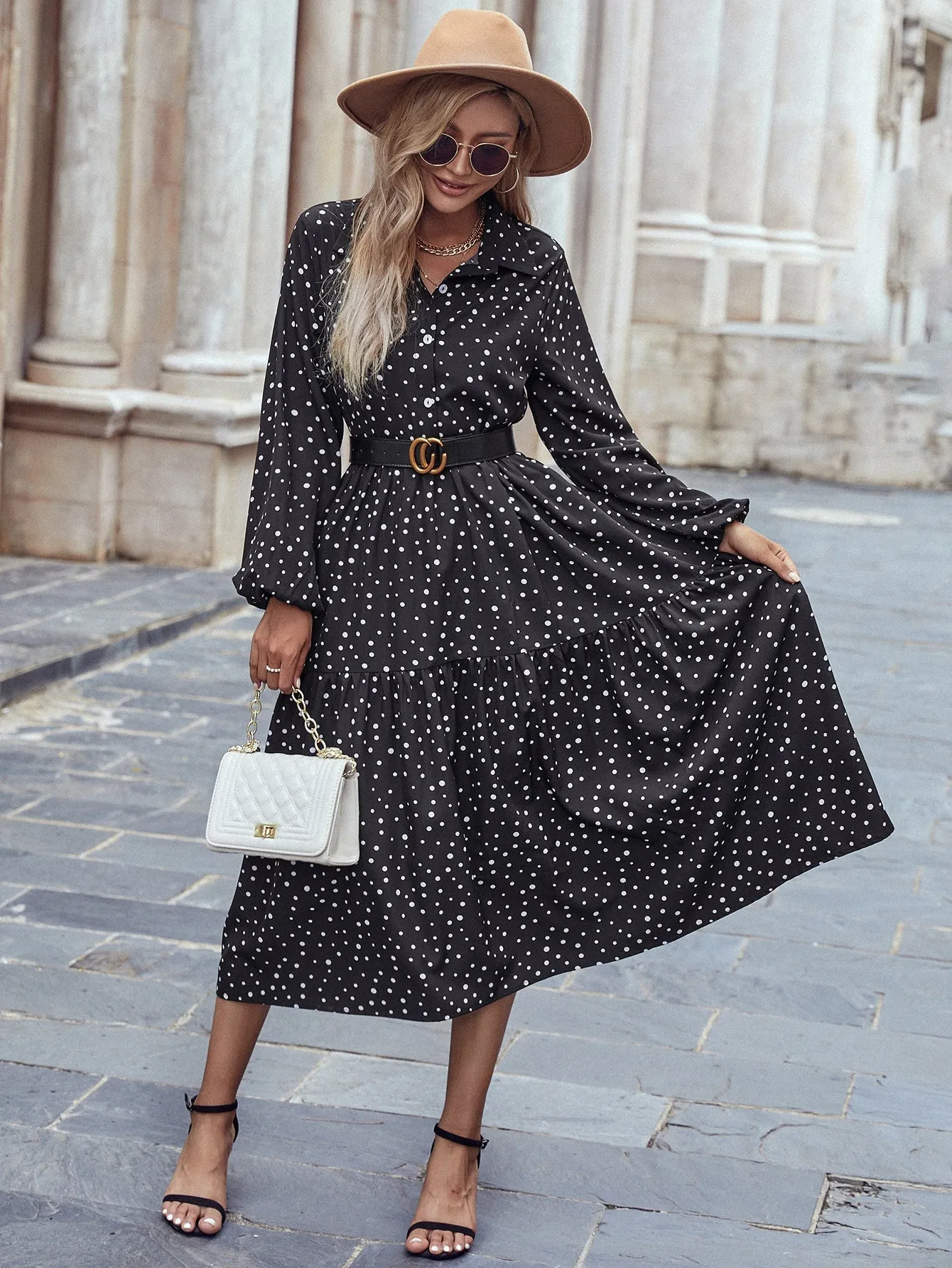 KittenAlarm - Lapel Long Sleeve Polka Dot Black Maxi Dress without Belt