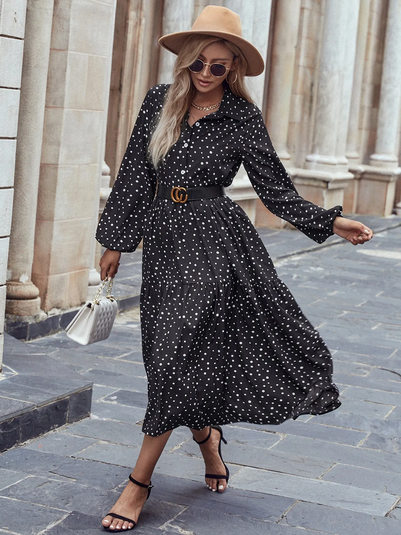 KittenAlarm - Lapel Long Sleeve Polka Dot Black Maxi Dress without Belt