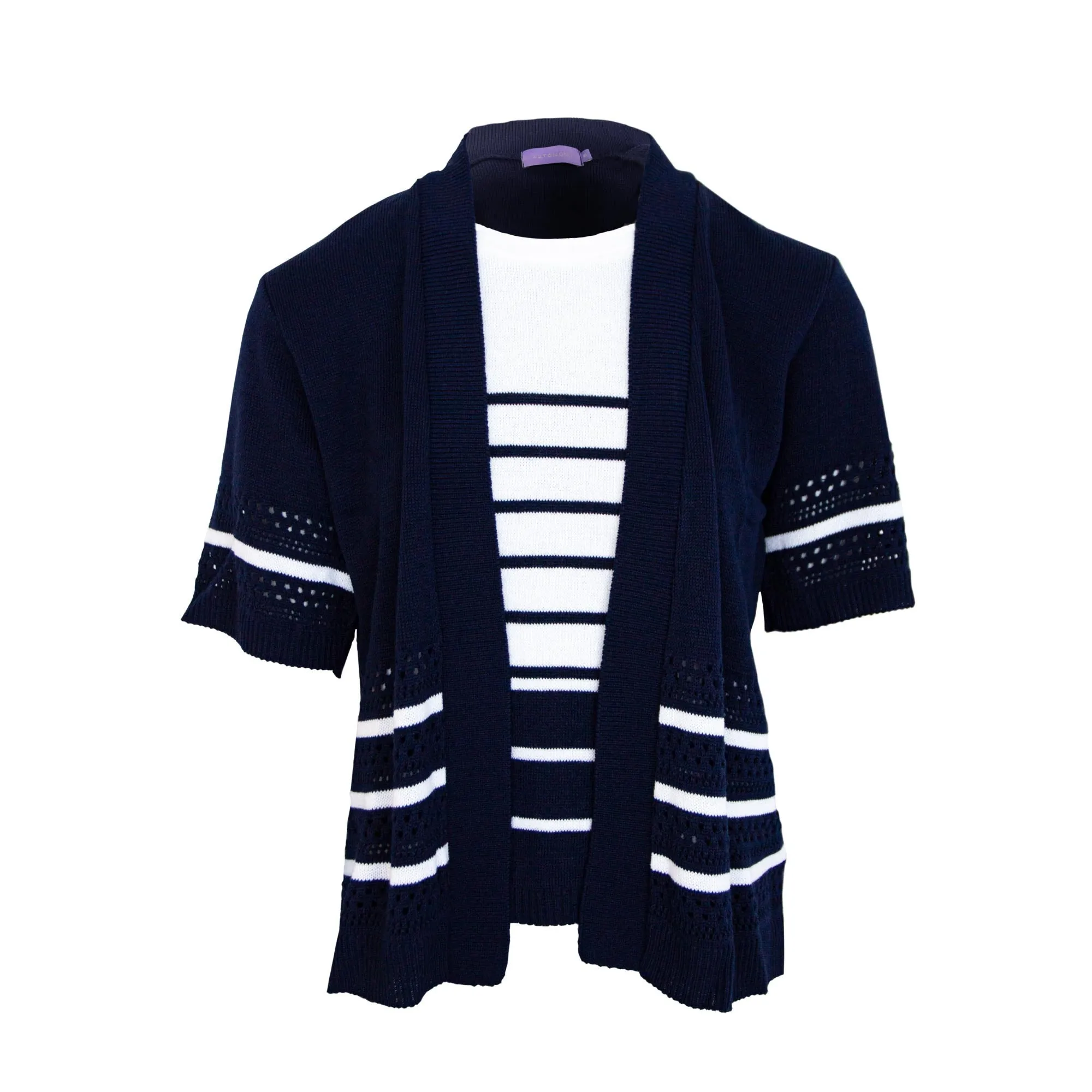 Ladies Stripe Cardigan & Vest Twin Set - Navy