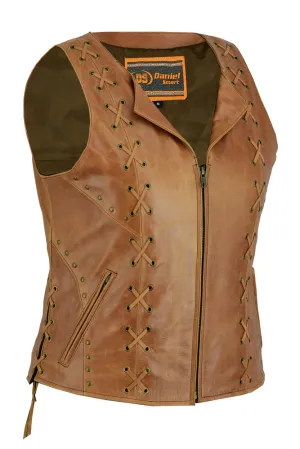 Leather Women's Brown Zippered SXY Vest with Lacing Details