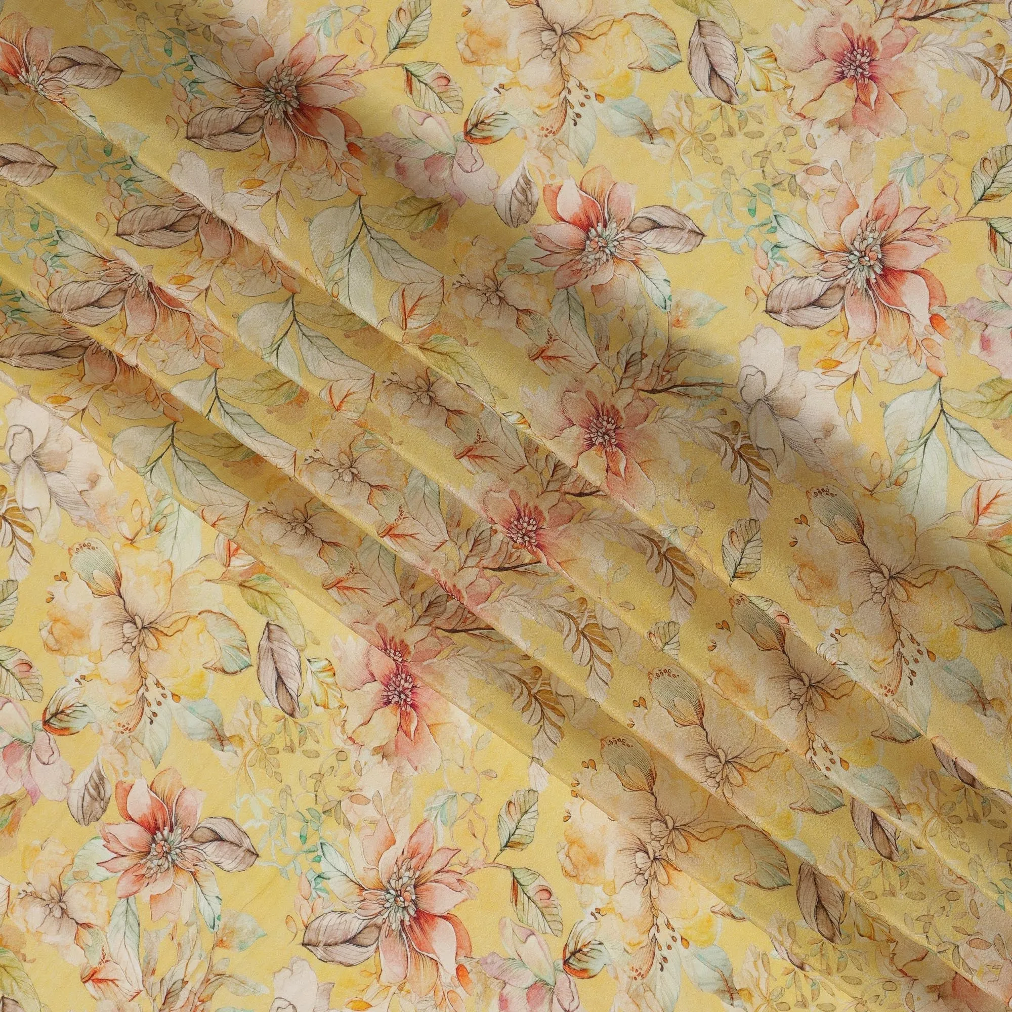 Lemon Yellow Viscose Digital Printed Fabric with Floral Design, 110 cm Width-D21314