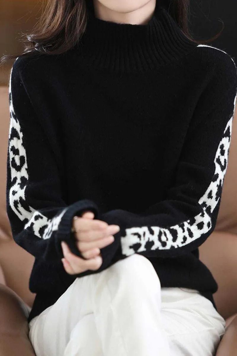 Leopard Knit Turtleneck Sweater