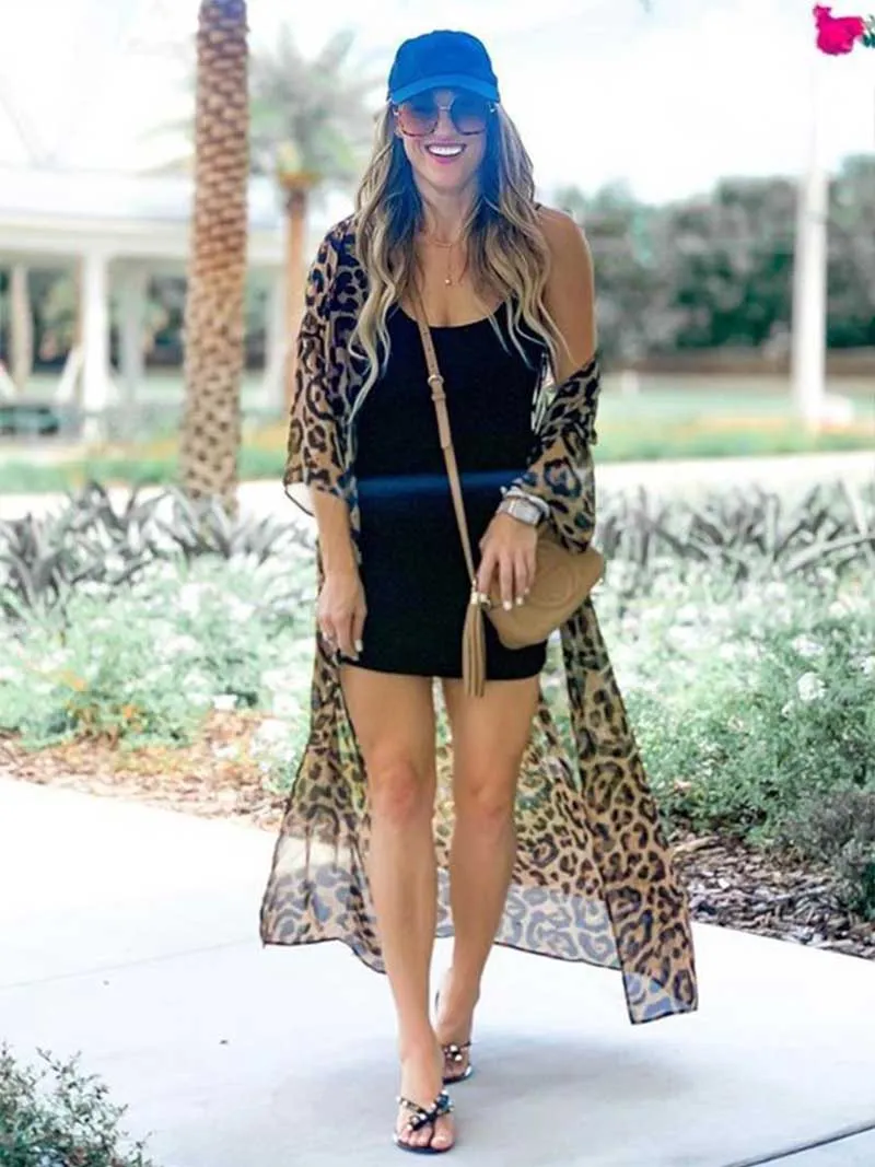 Leopard Print Leopard Color Chiffon Long Length Gown Kimono Duster Robe