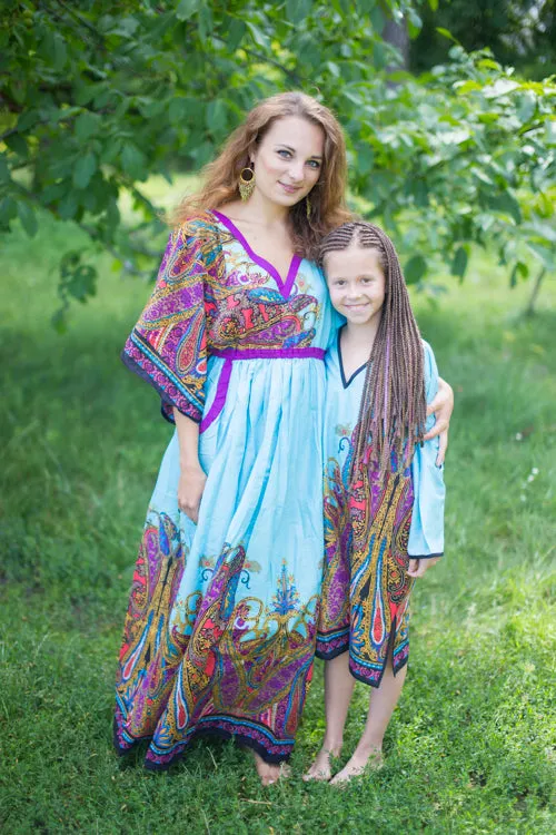 Light Blue Breezy Bohemian Style Caftan in Cheerful Paisleys Pattern