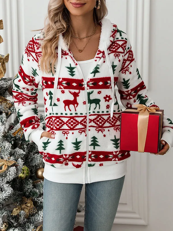 Long Sleeve Cardigan Christmas Print Plush Jacket