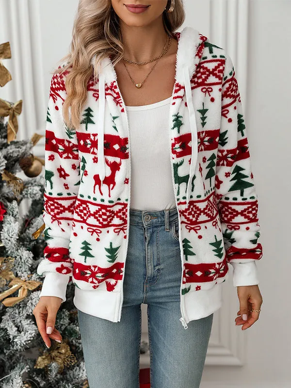 Long Sleeve Cardigan Christmas Print Plush Jacket