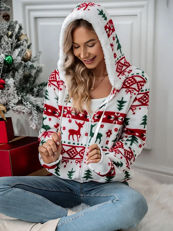 Long Sleeve Cardigan Christmas Print Plush Jacket