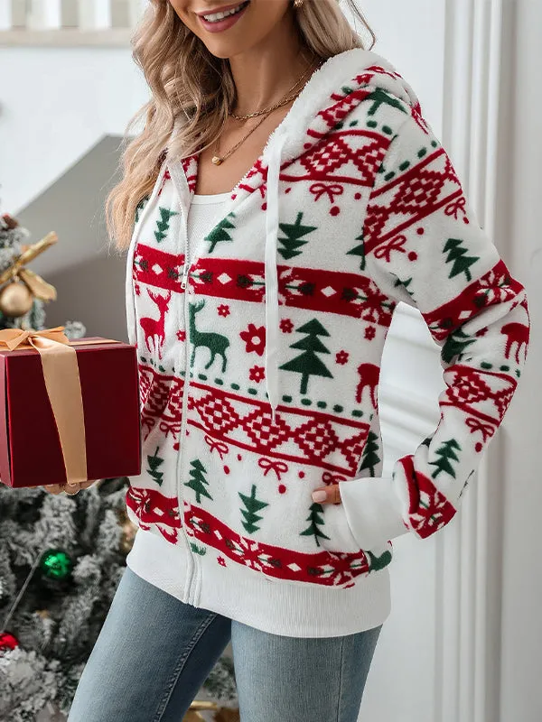 Long Sleeve Cardigan Christmas Print Plush Jacket