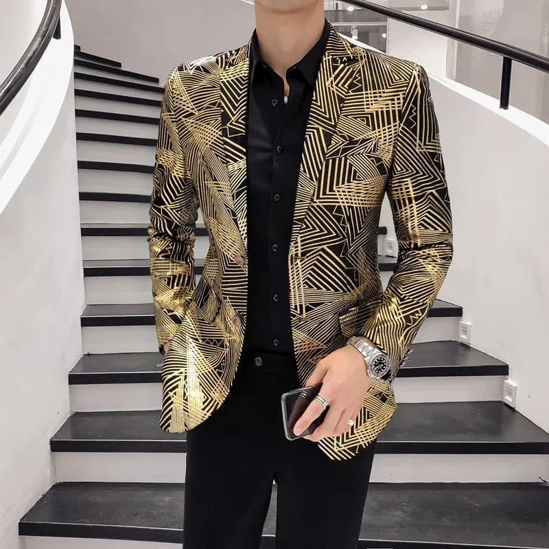 Luxury Gold Stripes Printed Slim Fit Blazer