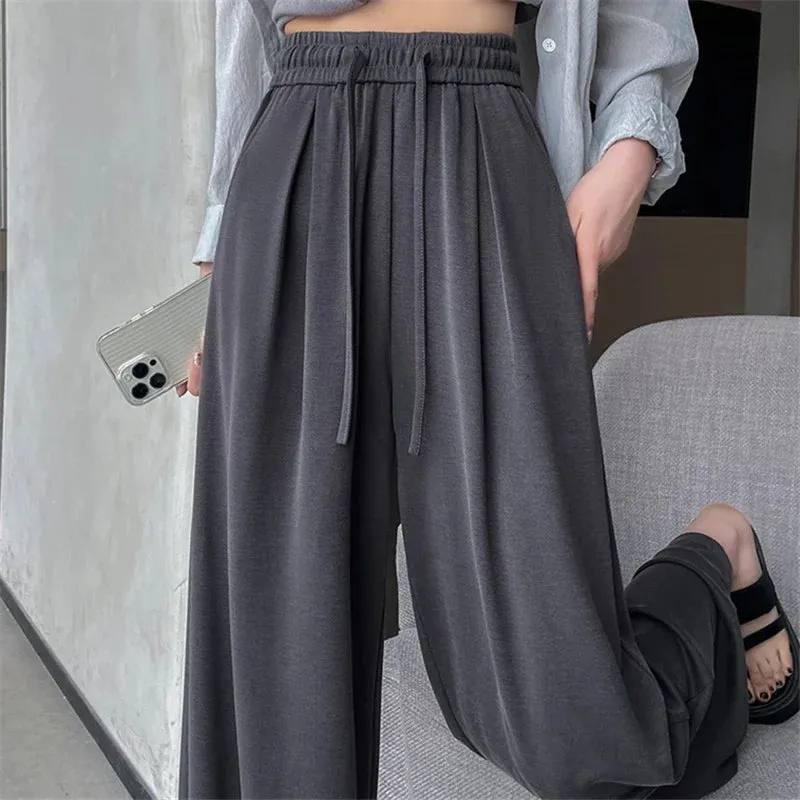 LVSANW 2024 New Summer Women's Casual Pants High Waist Solid Minimalism Loose Floor Length Wide Leg Trousers Female