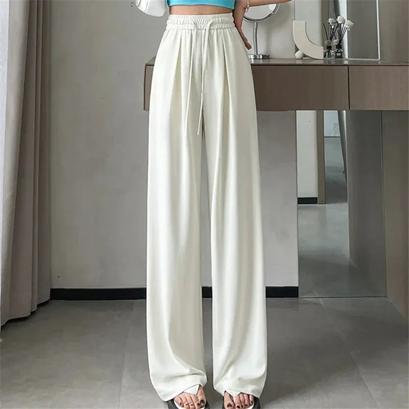 LVSANW 2024 New Summer Women's Casual Pants High Waist Solid Minimalism Loose Floor Length Wide Leg Trousers Female