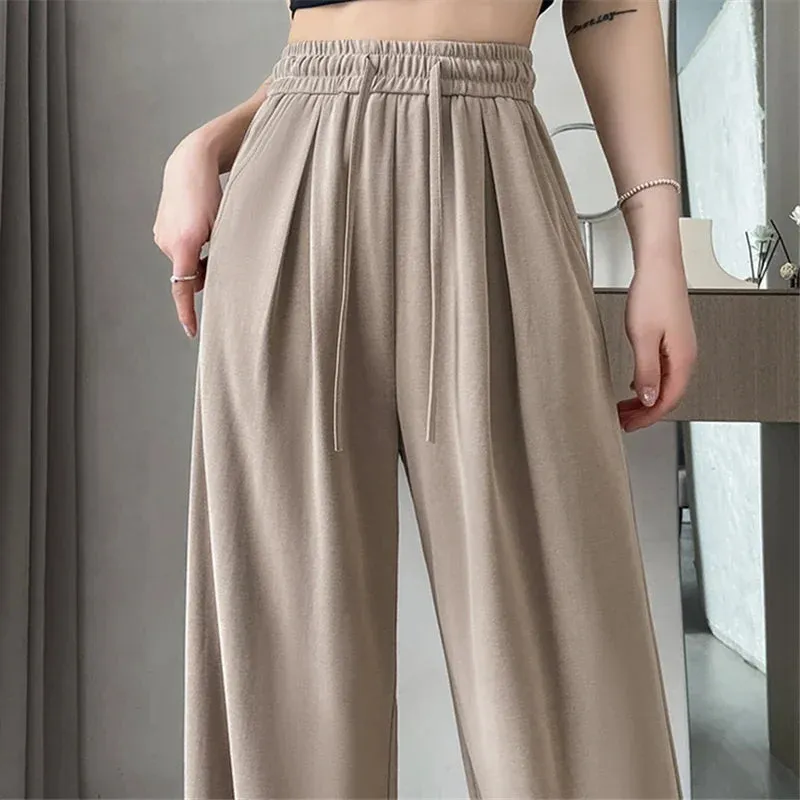 LVSANW 2024 New Summer Women's Casual Pants High Waist Solid Minimalism Loose Floor Length Wide Leg Trousers Female