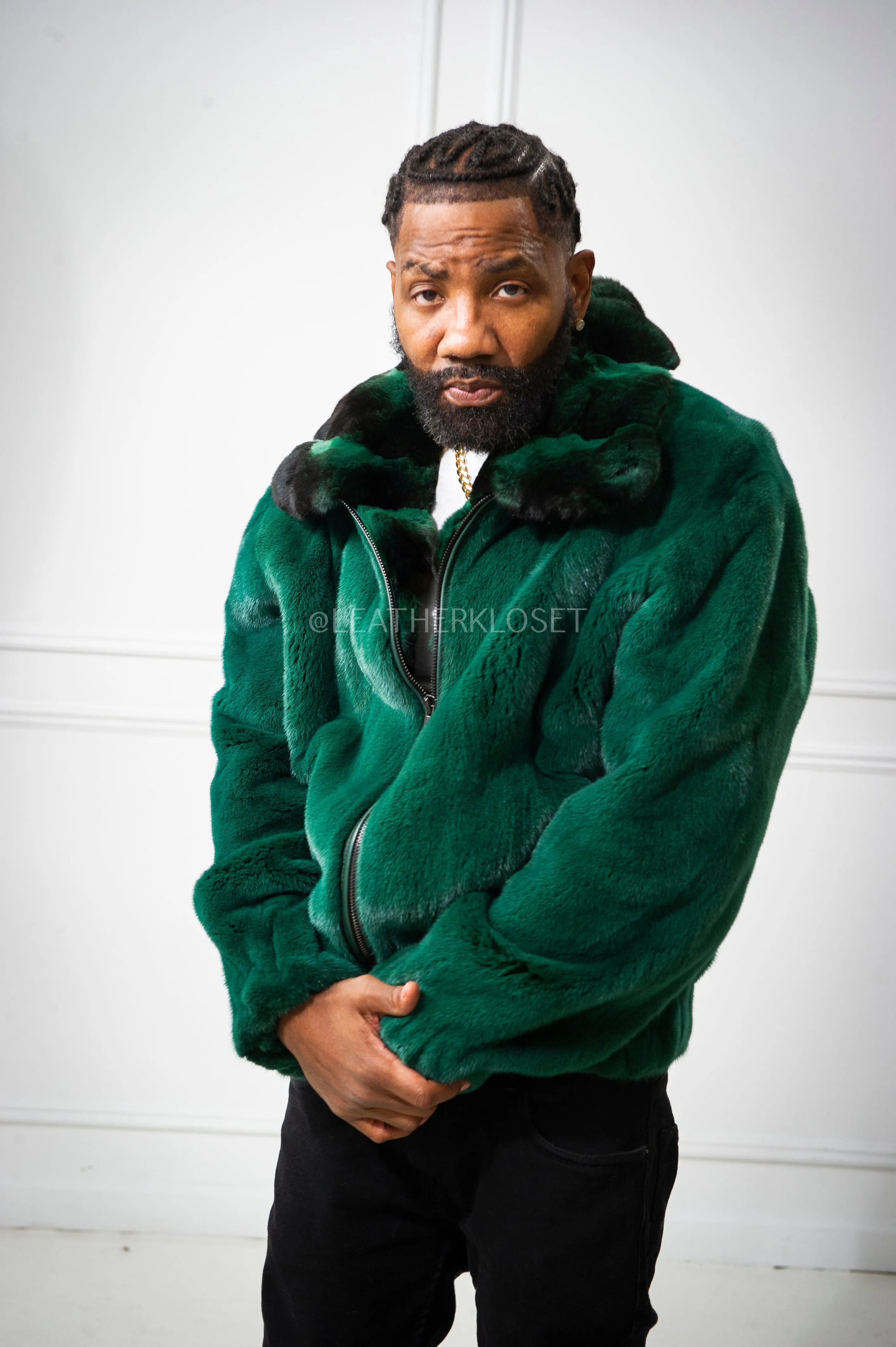 Men's Mink Bomber Jacket With Chinchilla Collar [Green]